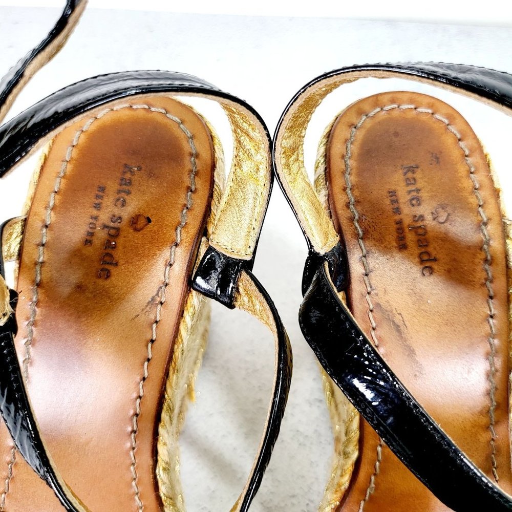 KATE SPADE Wedge Black Leather Espadrilles Sandals 8 Gold Chain Open Toe - Picture 4 of 14